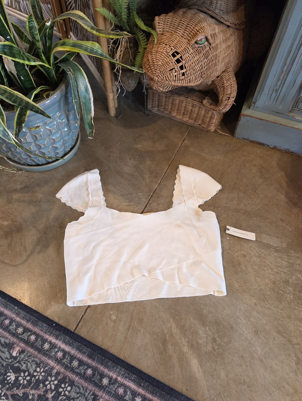 Anthropologie Cream Ivory NWT Crossover Knit Cap Sleeve Crop Top Size Large